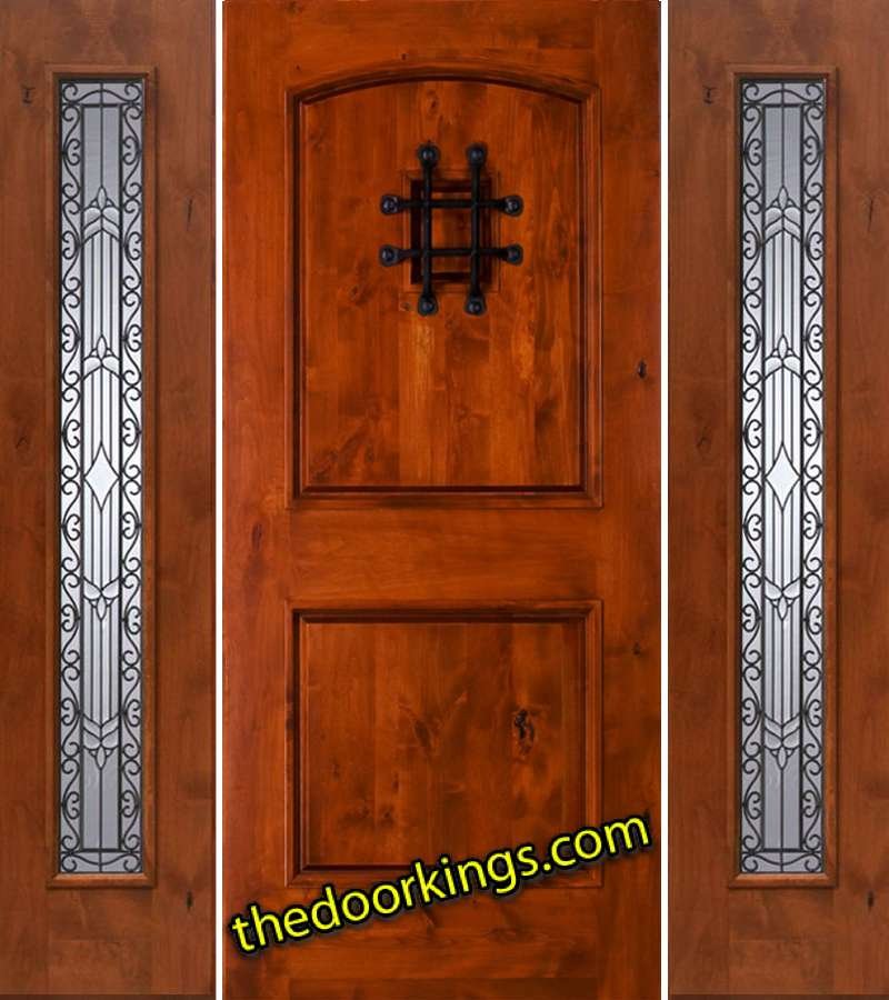 sw76 knotty alder wood door with two iron classic sidelites